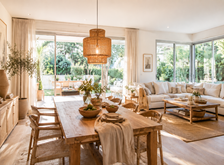 A living room with a natural style, featuring a pendant lamp made from natural fibres