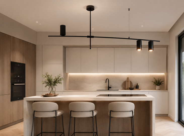 A kitchen with modern-style light fittings