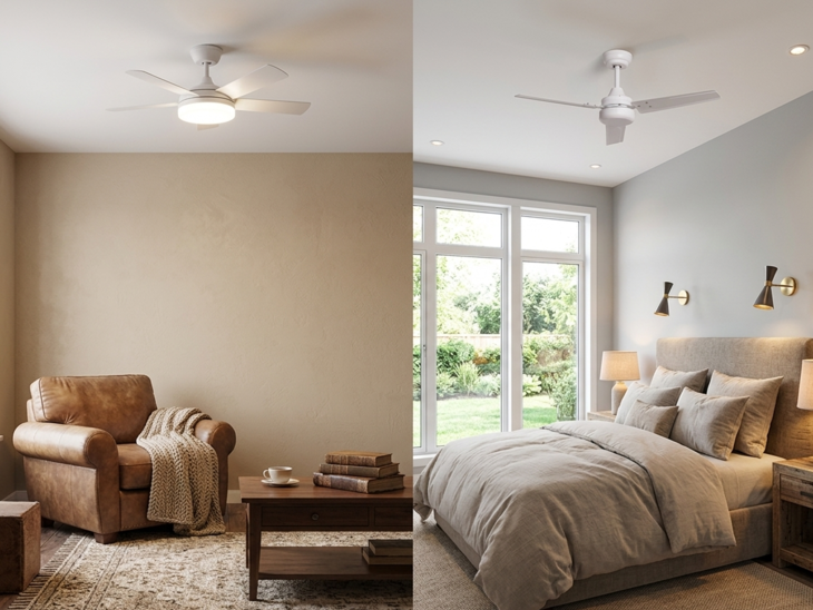 Ventilatore a soffitto con luce in una stanza senza fonte di luce esterna e ventilatore a soffitto senza luce in una stanza con fonte di luce esterna