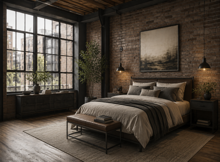 Camera da letto arredata con stile e lampade in stile industriale