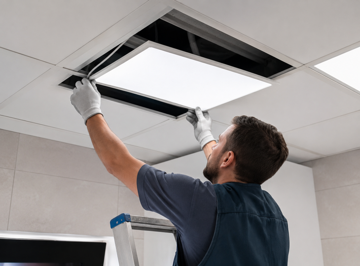 Un professionista mentre installa un pannello a LED sul soffitto