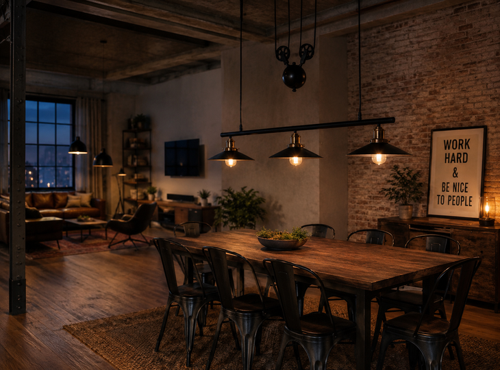 Living room in an industrial-style loft with warm lighting