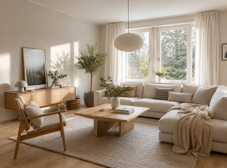 Woonkamer ingericht in Scandinavische stijl