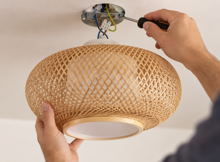 Connecting the wires on a natural fibre lamp