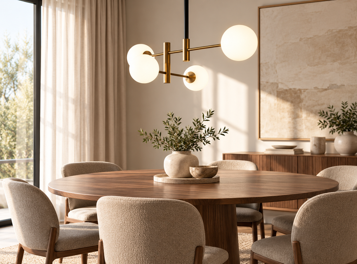 A white pendant light above a dining table