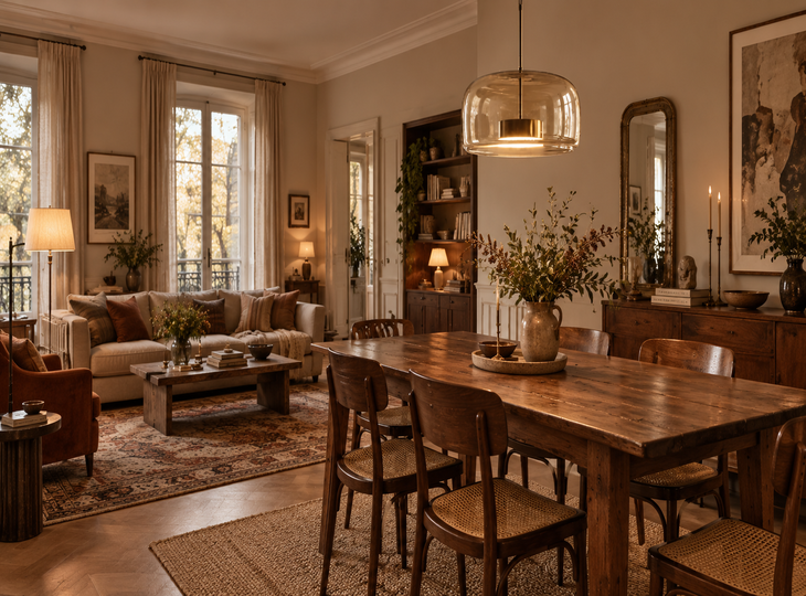 Living room in wood tones with vintage-style lamps