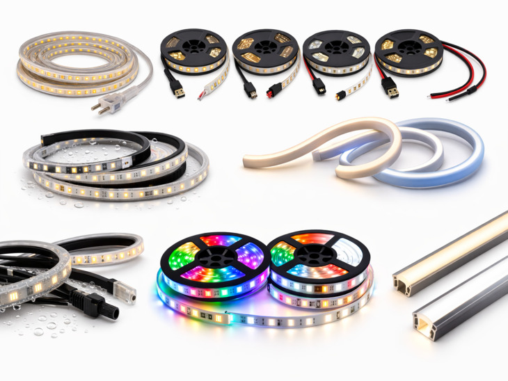 Types of LED strips, 12v,24v,48v LED strip, RGB LED strips, neon FLEX LED strips, outdoor LED strips.