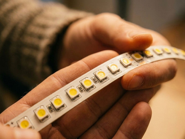 Lemand die een led-strip met een hoogwaardige led-chip vasthoudt 