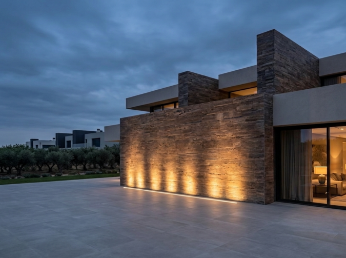 Una casa moderna con wallwasher LED che illuminano la facciata esterna