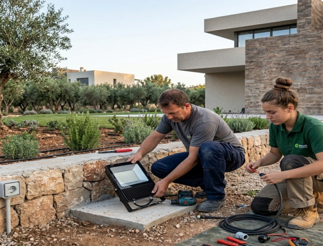 Professionisti che eseguono la corretta installazione di un proiettore a LED 