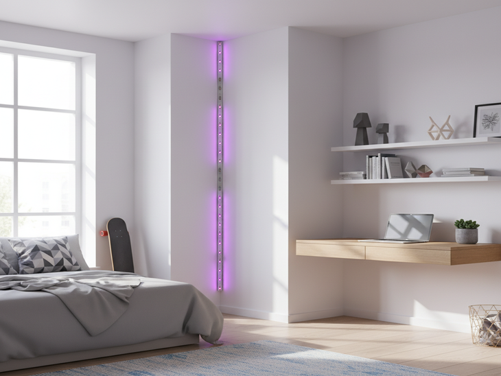 Een kamer met een led-strip die in verschillende delen afwisselend oplicht 