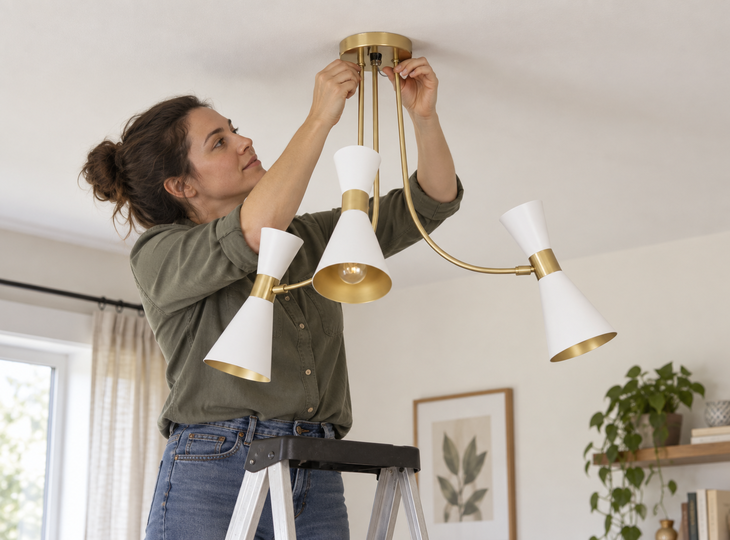 A woman installing a ceiling light in her living room