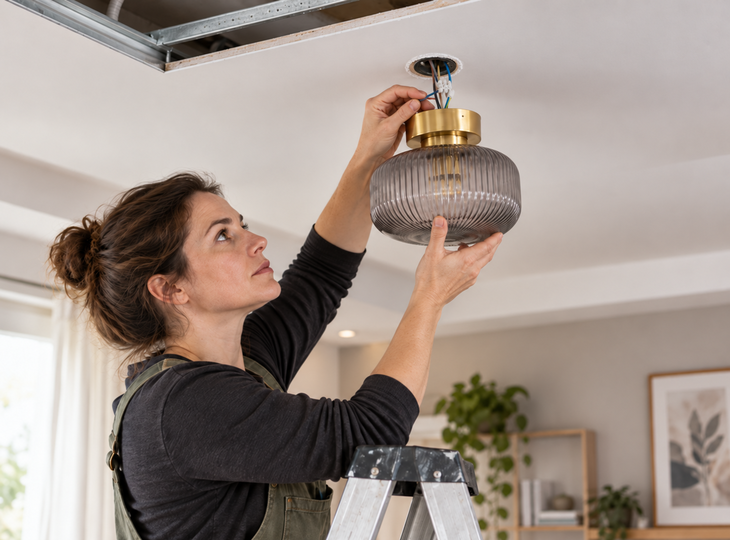 A woman installing a light fitting in a false ceiling