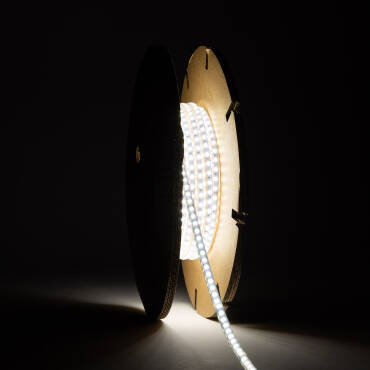 Photographie du produit : Ruban LED Dimmable 220V SMD Auto-redressement 120 LED/m BOBINE 20m 12W/m 1080lm/m Super Étroite Largeur 6.5mm Coupe 10cm IP65