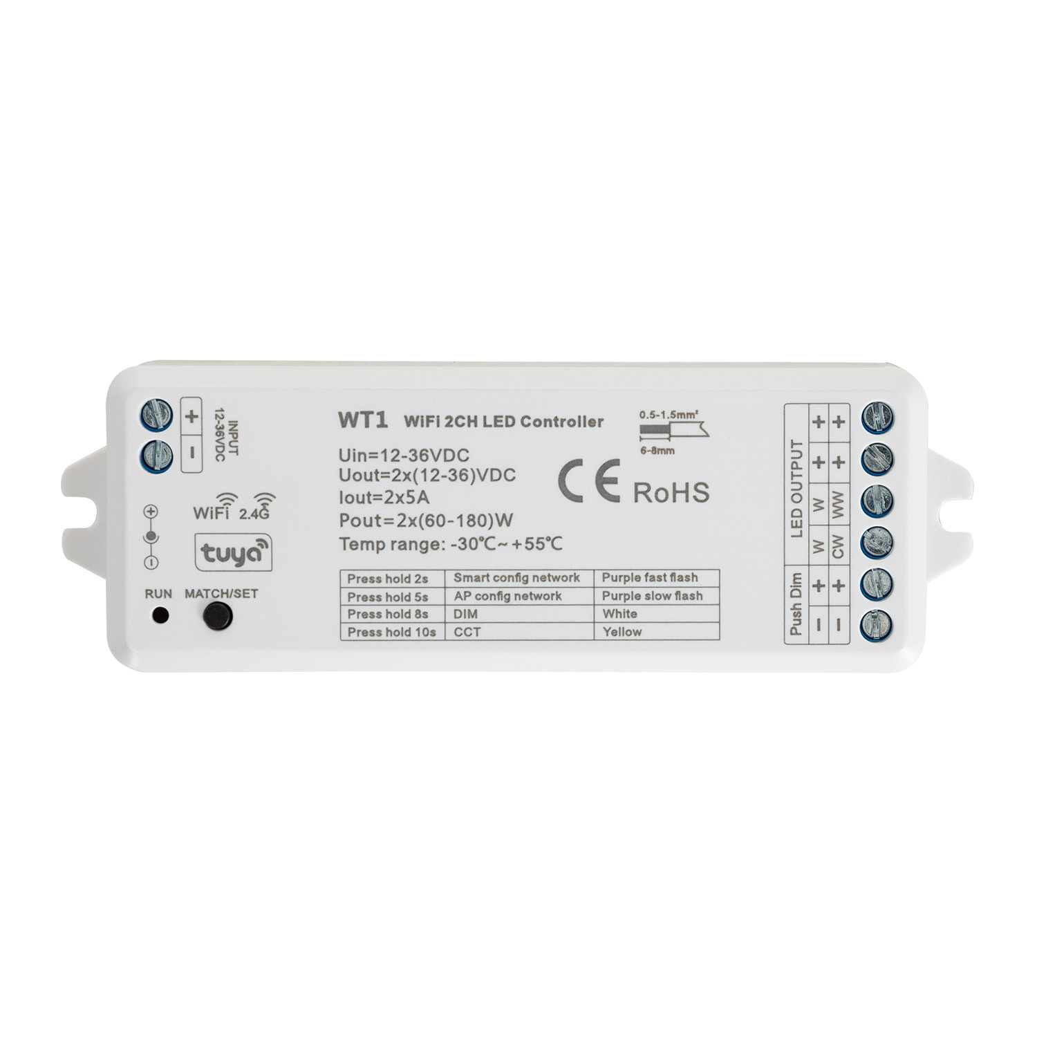 Controlador LED WiFi 2CH + RF + Tuya
