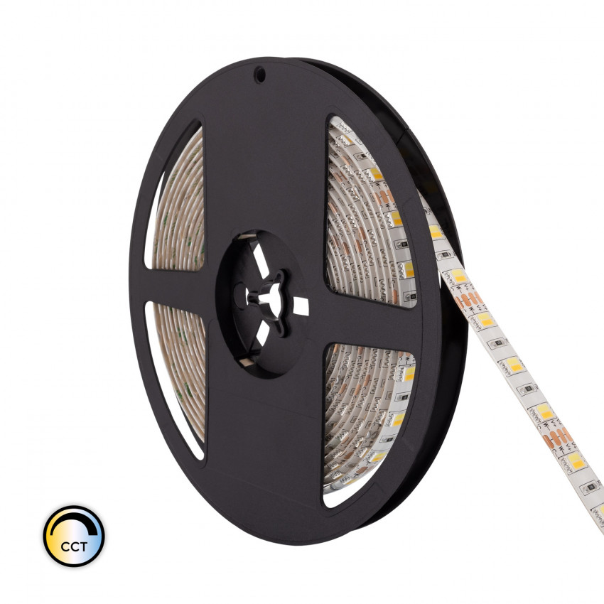 LED Strip 12V DC 60LED/m 5m CCT Selecteerbaar IP65 Breedte 10mm In te korten om de 5 cm