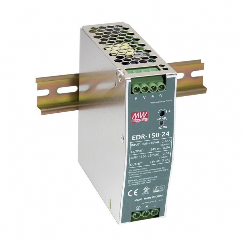 Voeding MEAN WELL 24V 150W 6.5A voor DIN Rail  MEAN WELL EDR-150-24 