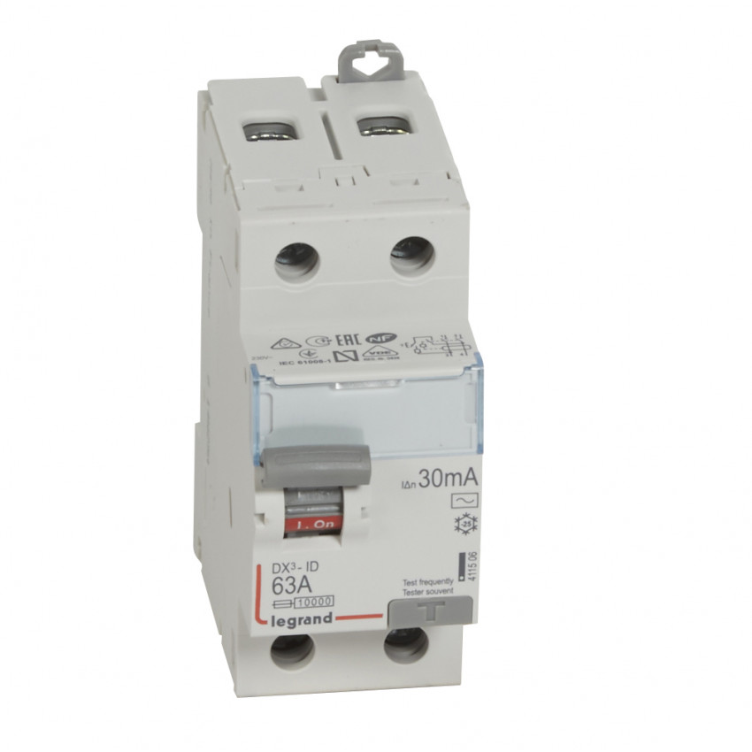 Differentiële Schakelaar Industrieel 2P 30mA 63A 10kA Clase AC LEGRAND DX³ 411506