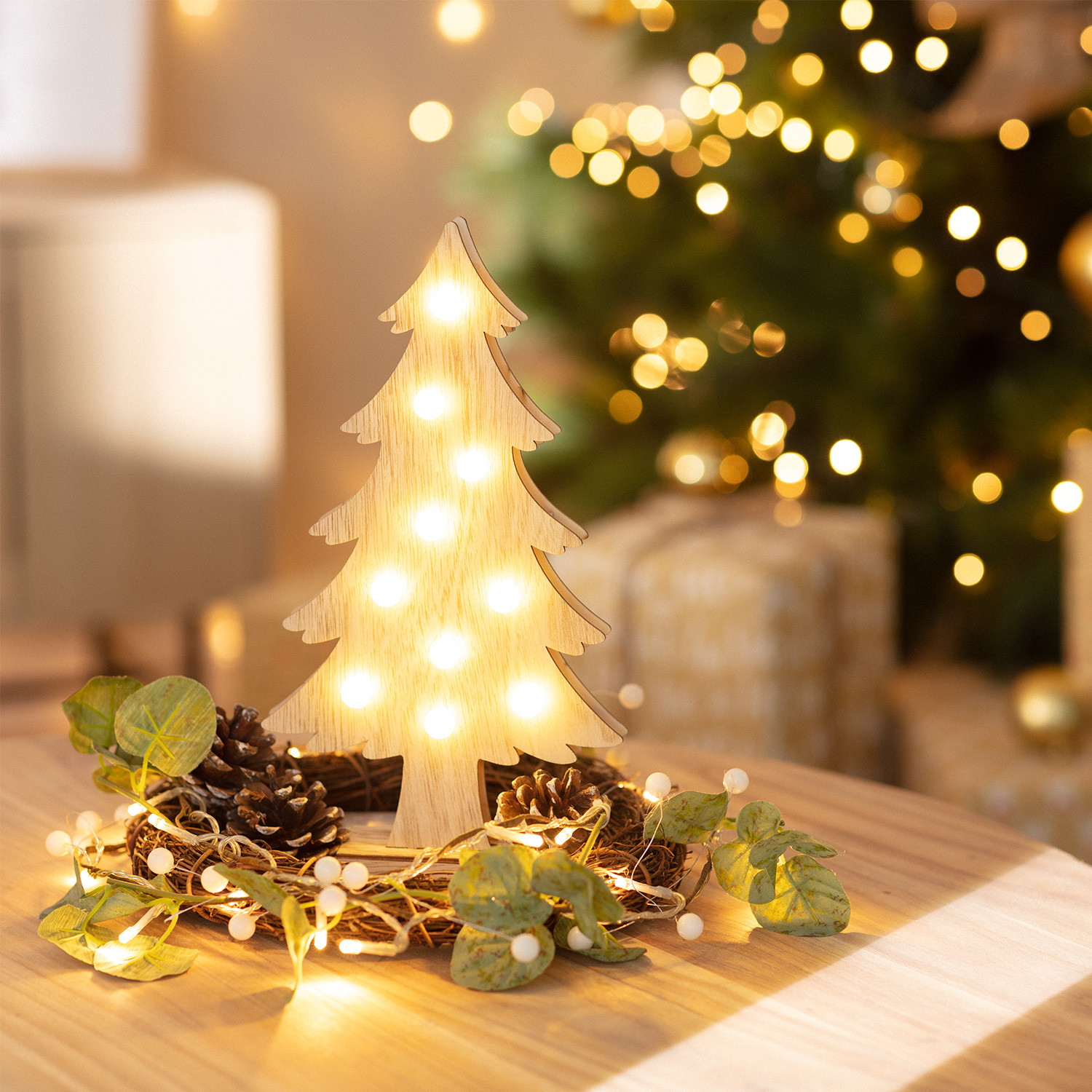 organiseren draadloze Doe mijn best LED-kerstboom van hout met batterij - Ledkia