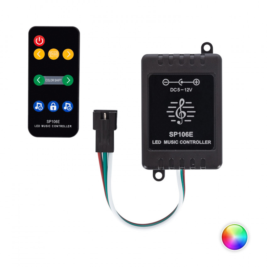 Controller Regelaar Muziek LED Strip RGB Digital SPI 5-12V DC  met IR Afstandsbediening