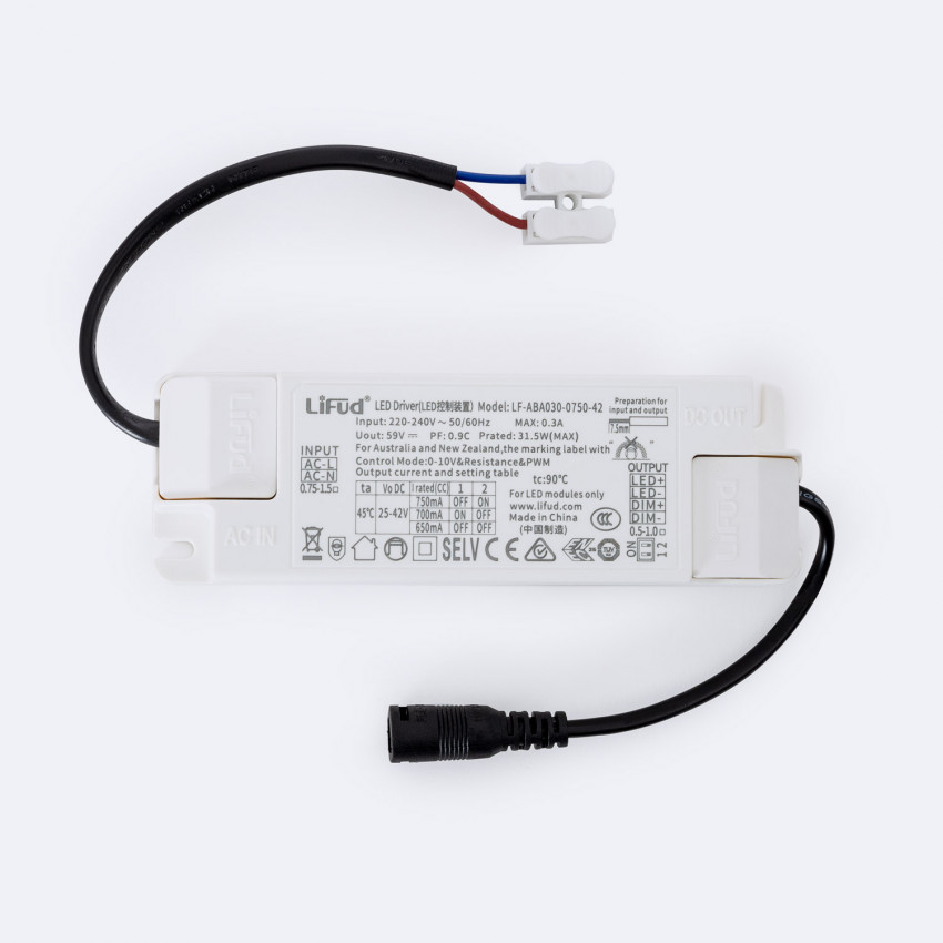 Driver LIFUD Dimbaar  0-10V 220-240V No Flicker Output 25-42V 500-750mA 12.5-30W LF-ABA030-0750-42