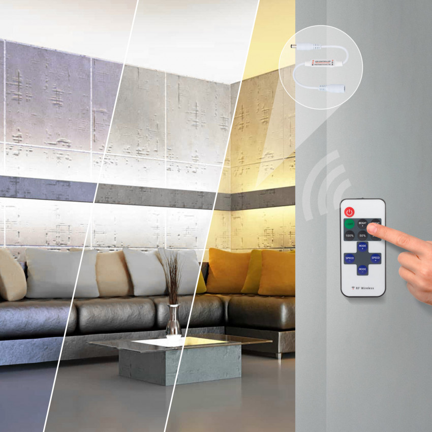LED Strip Monocolor 24V DC 60LED/m 5m IP20  met Draadloze Controller en Voeding Breedte 10mm in te korten om de 10cm